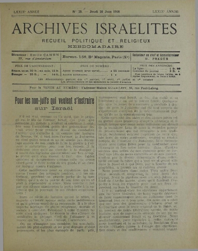 Archives israélites de France. Vol.79 N°25 (20 juin 1918)